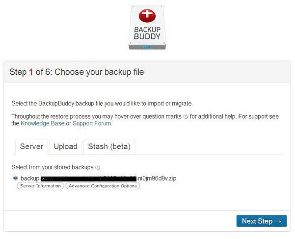 Backup WordPress - BackupBuddy Schermata iniziale della procedura di ripristino